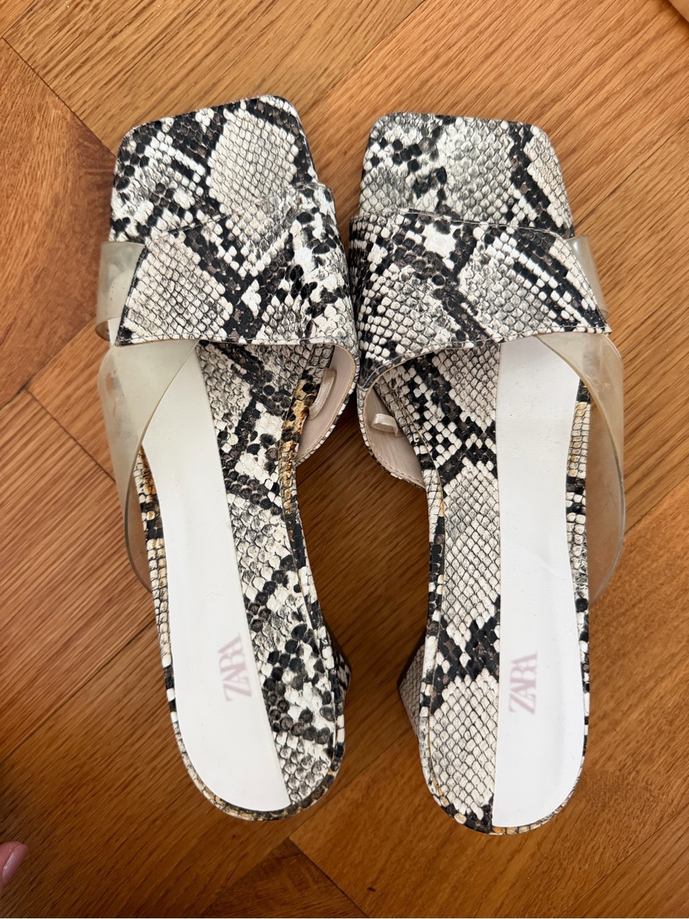 ZARA Black & White Snake-Print Slide Mules with Clear Strap